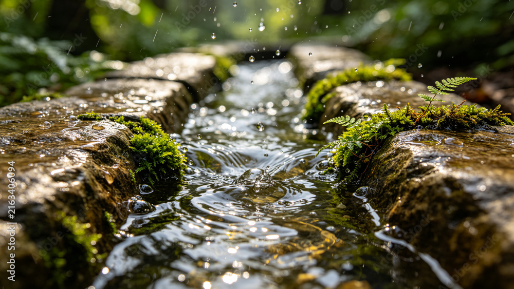 Fototapeta premium Moss Covered Rocks with Clear Water Flowing Through a Lush Green Forest Stream, Peaceful Natural Mountain Landscape with Fresh Spring Cascade and Serene Summer Wilderness Beauty