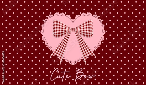 Cute Gingham Ribbon Bow on Pink Lace Heart Background for feminine branding, digital scrapbooking, festive holiday party invitation, romantic greeting cards, Valentine's Day designs, cottagecore theme