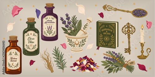 Принти на полотні Mystic Apothecary Elements with Potions, Herbs and Grimoire