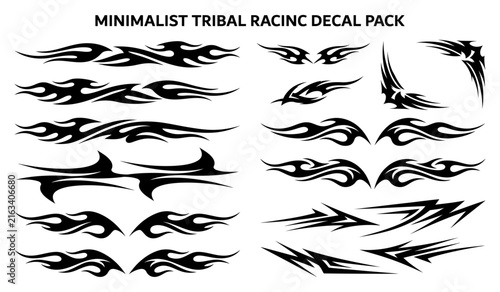 Set of minimalist tribal racing decals for car stickers and graphic design elements in black and white