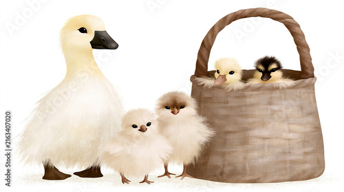 Mother Duck with Her Chicks in a Wicker Basket
