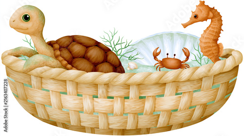 Whimsical sea creatures in a woven basket