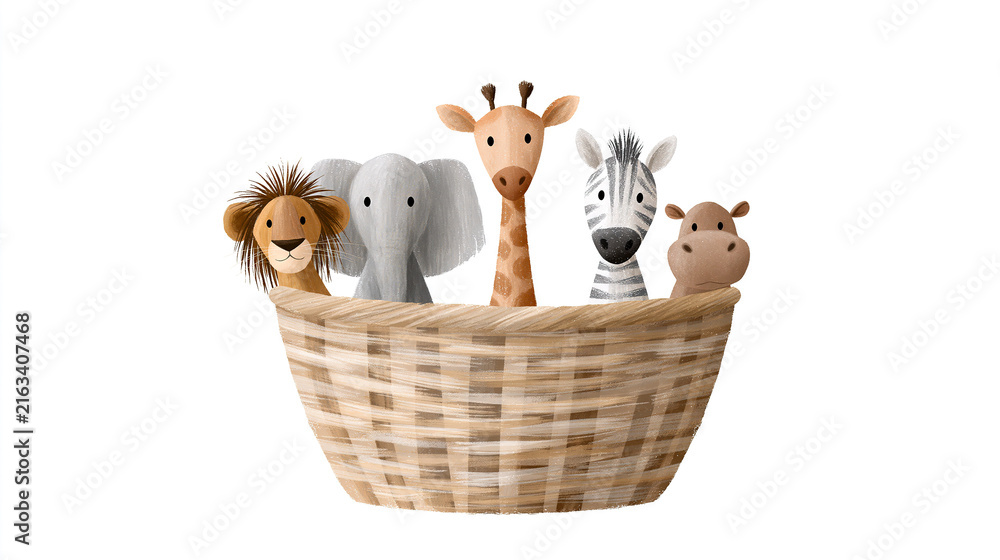 Naklejka premium Whimsical cartoon animals in a woven basket