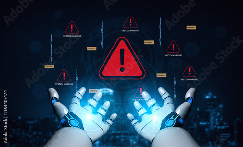 Futuristic Robot Hands Displaying Digital Interface with System Warning Alerts on a Dark Background. Glyphic.