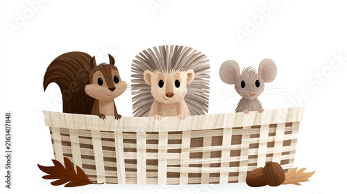 Three woodland animals peeking over a woven basket