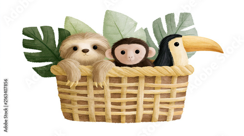 Three cute cartoon animals peeking out of a woven basket