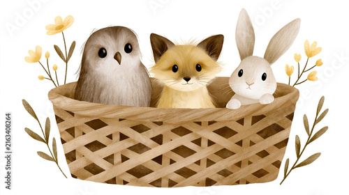 Whimsical animals nestled in a woven basket with spring flowers