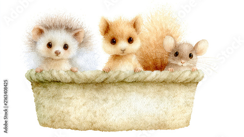 Three small animals peeking over a woven basket