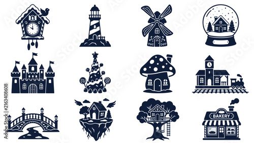 Fantasy Architecture Silhouette Icon Set featuring Castle Lighthouse Mushroom and Treehouse