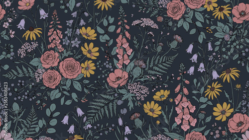 Dark Vintage Floral Seamless Pattern with Roses Foxglove Thistle and Wildflowers