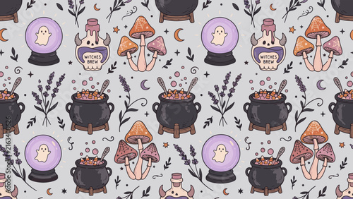 Witch Cauldron Halloween Seamless Pattern with Magic Crystal Ball and Potion