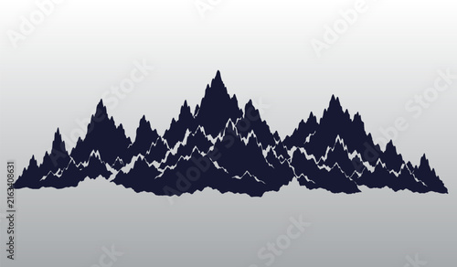 Panoramic silhouette of rugged mountain peaks and jagged rocky ridges with layered terrain against a gradient sky, minimalist alpine nature landscape vector illustration.