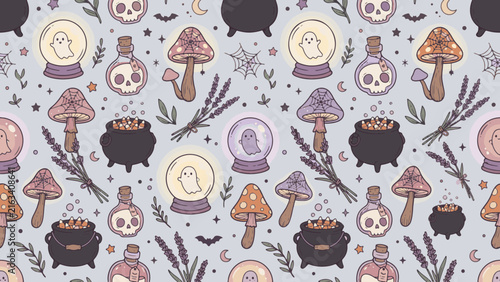 Whimsical Halloween Seamless Pattern featuring Glowing Orbs Spooky Mushrooms and Skulls