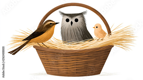 Three birds perched in a woven basket with straw
