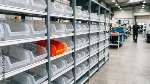 Clear bin shelving units with one orange bin create organized storage in a modern factory workspace with bright lighting.
