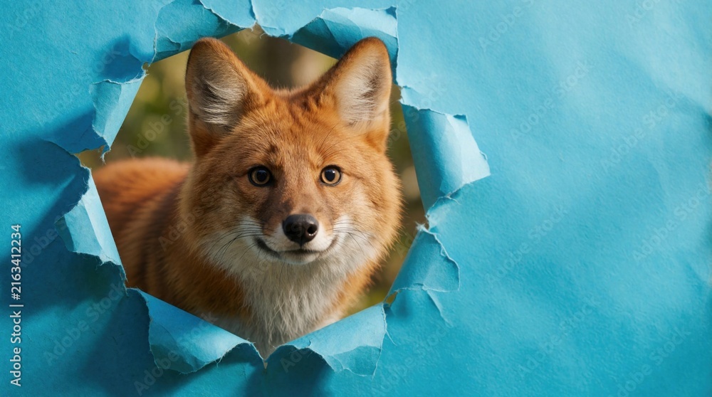 Naklejka premium Cute wild fox looks through torn hole in blue paper. Red animal with big ears peeks out from bright background. Fluffy predator shows curious face. Small forest mammal explores new space in creative