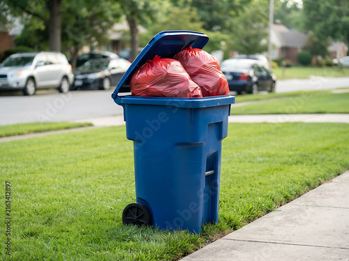Blue Trash Bin Filled with Red Garbage Bags on Green Grass in Outdoor Setting