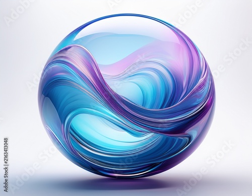 abstract glass sphere creating a vibrant blue and purple flowing wave pattern white background