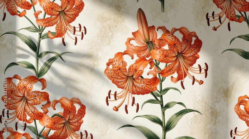 Fototapeta premium Seamless pattern with orange tiger lily flowers on beige background. Decorative floral wallpaper design for interior decor. Spring blossom botanical print features bright lilies with green leaves,