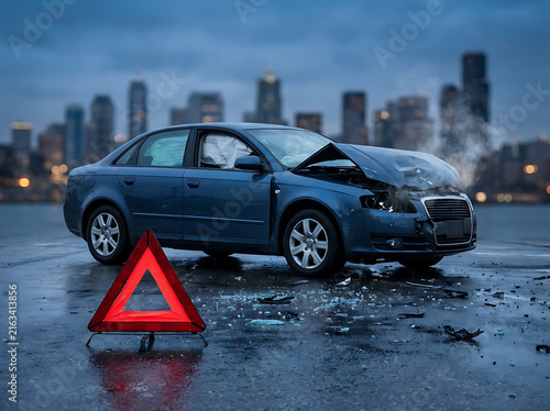 Damaged car accident scene on city street during evening