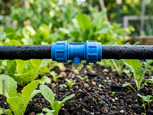 Drip irrigation system watering fresh vegetable garden plants