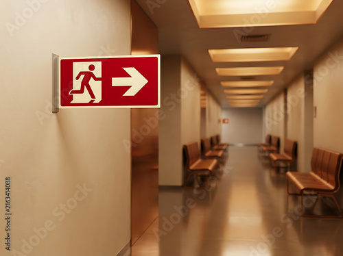 Emergency Exit Sign Pointing Down Hallway With Seating