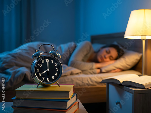 Person Sleeping Peacefully Next To Alarm Clock And Books