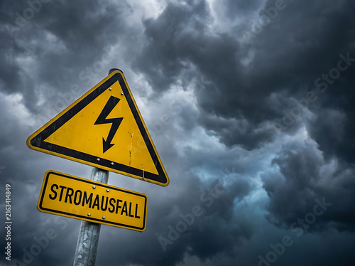 Yellow warning sign for power outage with stormy sky background