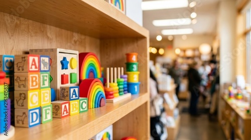Wooden educational toys arranged on a clean store shelf with vibrant colors, ideal for learning and development