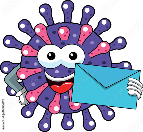 Foto Carton mascot character virus or bacterium holding envelope with messagge isolat