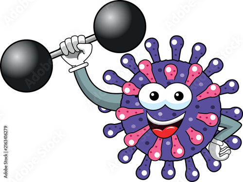 Canvas Print Cartoon mascot character virus or bacterium weightlifter powerful strenght isola