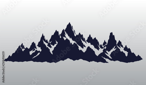 Silhouette vector illustration of rugged mountain range with sharp rocky peaks and snow covered ridges against light background, panoramic landscape graphic design element.