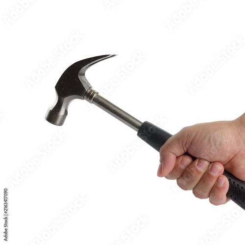 male hand using hammer work tool isolated
