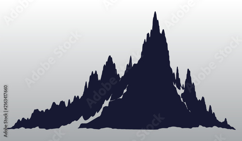 Rugged mountain range silhouette with sharp rocky peaks and ridges, dark blue alpine landscape graphic vector isolated on a smooth gradient background.