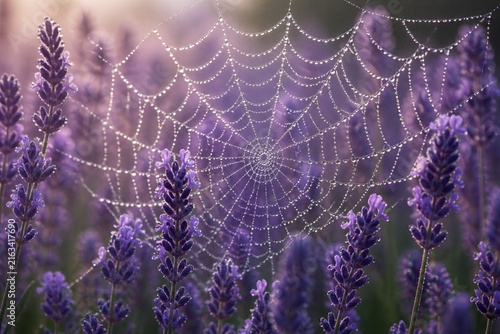 Spider web with dewdrops among purple lavender field