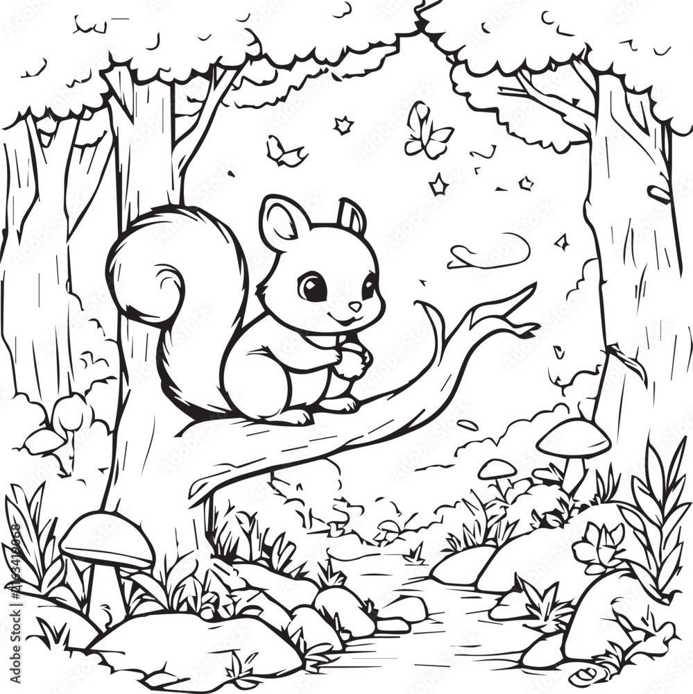 Fototapeta premium Charming squirrel holding an acorn perched on a tree in a lush forest coloring illustration with cute squirrel acorn nut tree branch line art grass rocks
