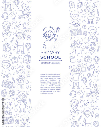 Primary school education card design with double side doodle border line art