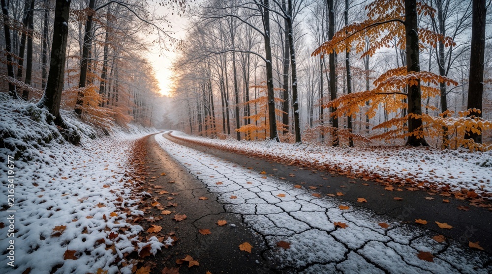 Obraz premium Road winds through snowy forest with scattered autumn leaves on cracked asphalt. Bare trees stand against a hazy sky with early sun glow. Seasonal transition, cold weather atmosphere.