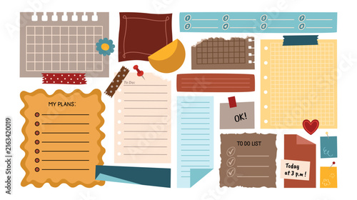 Set of notes, covers, stickers, paper forms with space for text. Hand drawn flat collection for reminders, to-do list, planner, schedule. Templates from part of sheets, paper clips and scraps, labels.