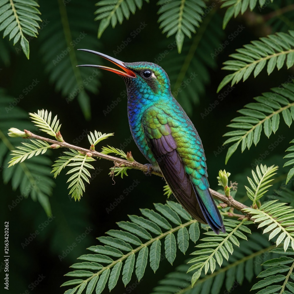 Naklejka premium Iridescent hummingbird perches on branch amid green foliage. Tiny bird with vibrant feathers opens beak, showing red throat, ready for nectar. Nature delicate beauty in sharp focus.