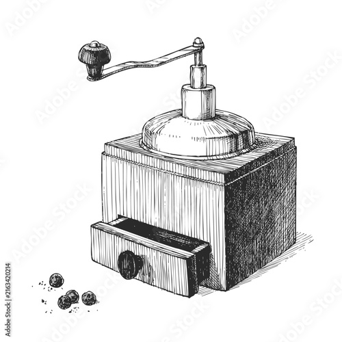 Vintage Wooden Pepper Mill Vector Hand Drawn Ink Illustration Antique Box Grinder Open Drawer Rustic Kitchen Utensil Tableware Sketch