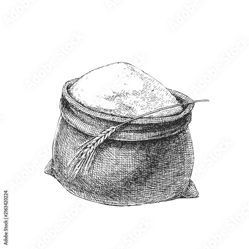 Vintage Hessian Sack with Flour and Wheat Ear Vector Hand Drawn Ink Illustration Organic Flour Sack Rustic Pantry Harvest Food Sketch