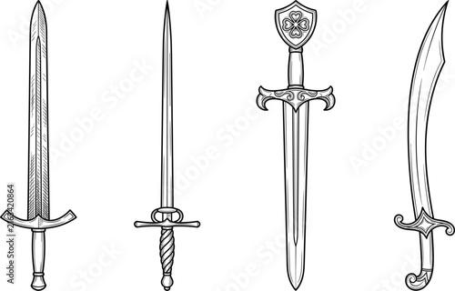 Fotografie Collection of vintage hand drawn medieval swords and daggers vector illustration