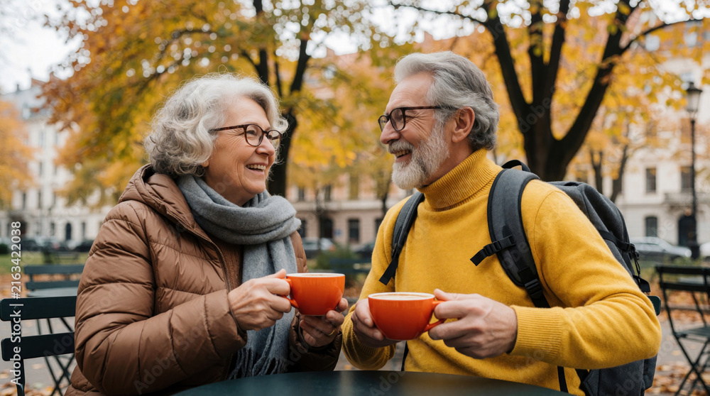 Fototapeta premium Happy senior couple sits at outdoor cafe table in autumn park. Mature man, woman drink hot coffee, talk, laugh together. Elderly partners enjoy leisure time, companionship, warm weather in city.