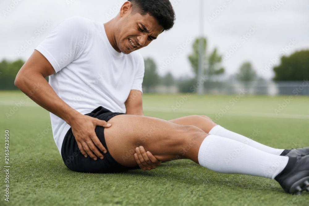 Fototapeta premium Soccer player holding painful leg injury while sitting on grass field
