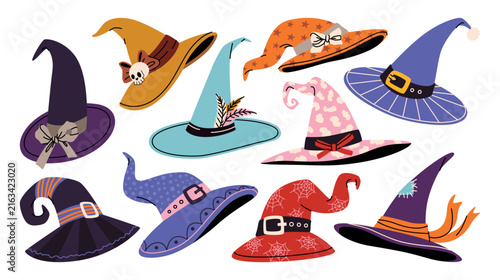Halloween witch headdress in different designs. Classic pointed hats, patterns, buckles, feathers, cobwebs, ribbons, skull decorations. Hand drawn illustrations for Halloween costumes, party decor.