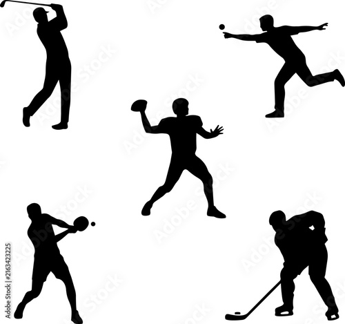 Photography Athletes action silhouettes with golf player football quarterback baseball pitch