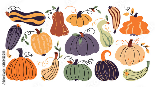 Hand drawn autumn harvest set of colorful pumpkins, gourds, squash. Decorative fall vegetables with leaves and stems. Cute botanical flat illustrations for Halloween, Thanksgiving, autumn decorations.
