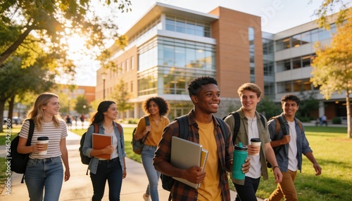 Diverse University Students Walking Across Modern Campus with Backpacks Laptops Notebooks and Reusable Coffee Cups, Warm Late Summer Sunlight, Candid Movement, Inspirational Academic Scene
