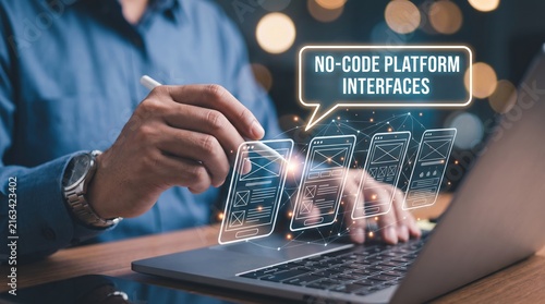 Naklejka Professional developing intuitive digital interfaces on a modern no-code platform, leveraging technology for efficient application design and user experience innovation